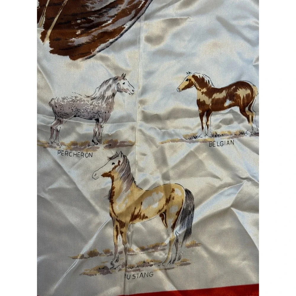 Vintage Horse Breeds Square Scarf Red White Equestrian Made in Japan 29x29